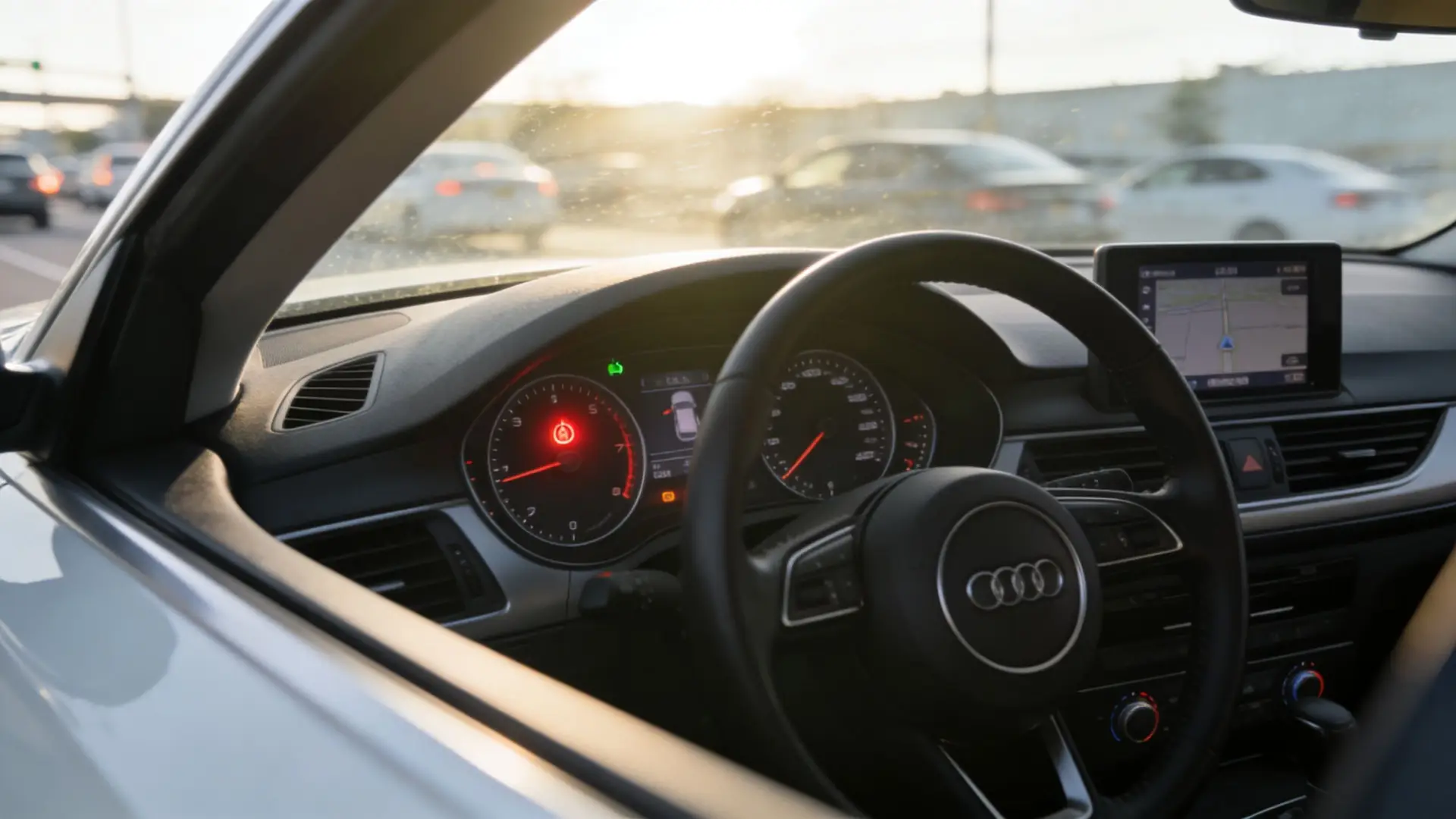 A view from the driver's seat of an Audi car during sunset while driving on the highway.
