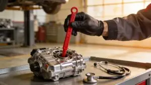 Mechanic checking transmission fluid with red dipstick