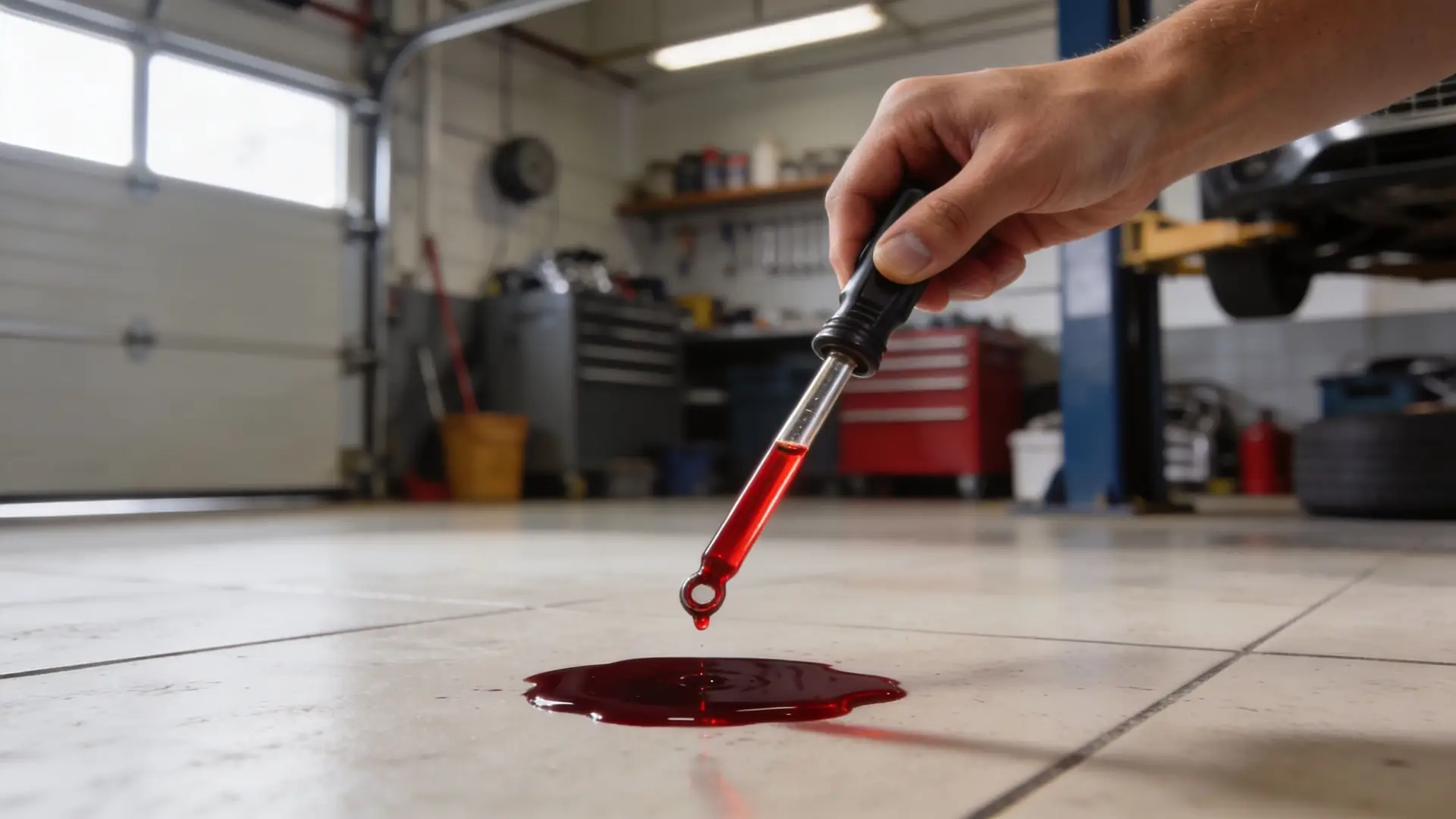 A mechanic holds a dropper filled with red transmission fluid over a puddle on the garage floor.