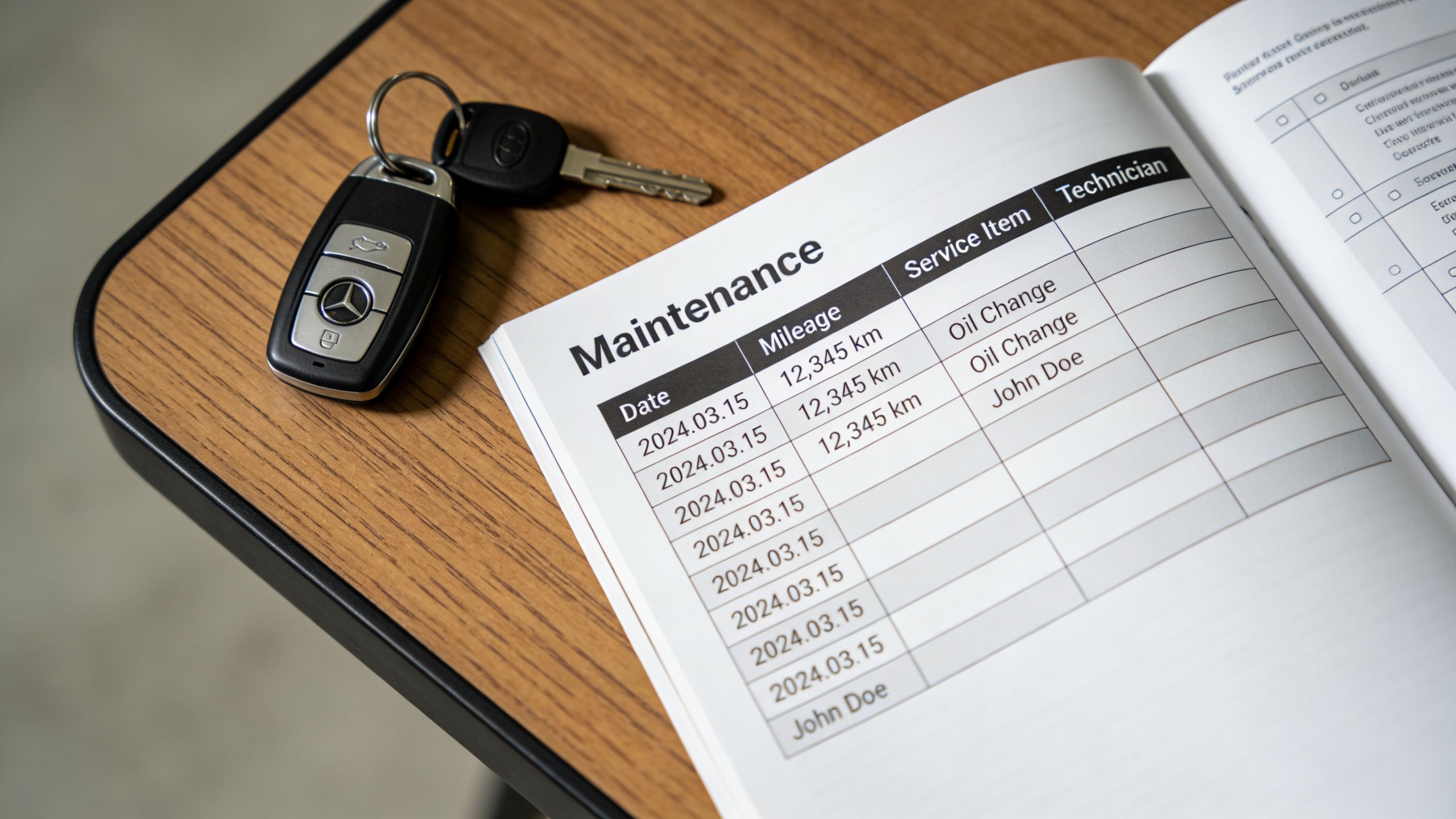 A Mercedes-Benz car key resting on a wooden table next to an open vehicle maintenance record book.