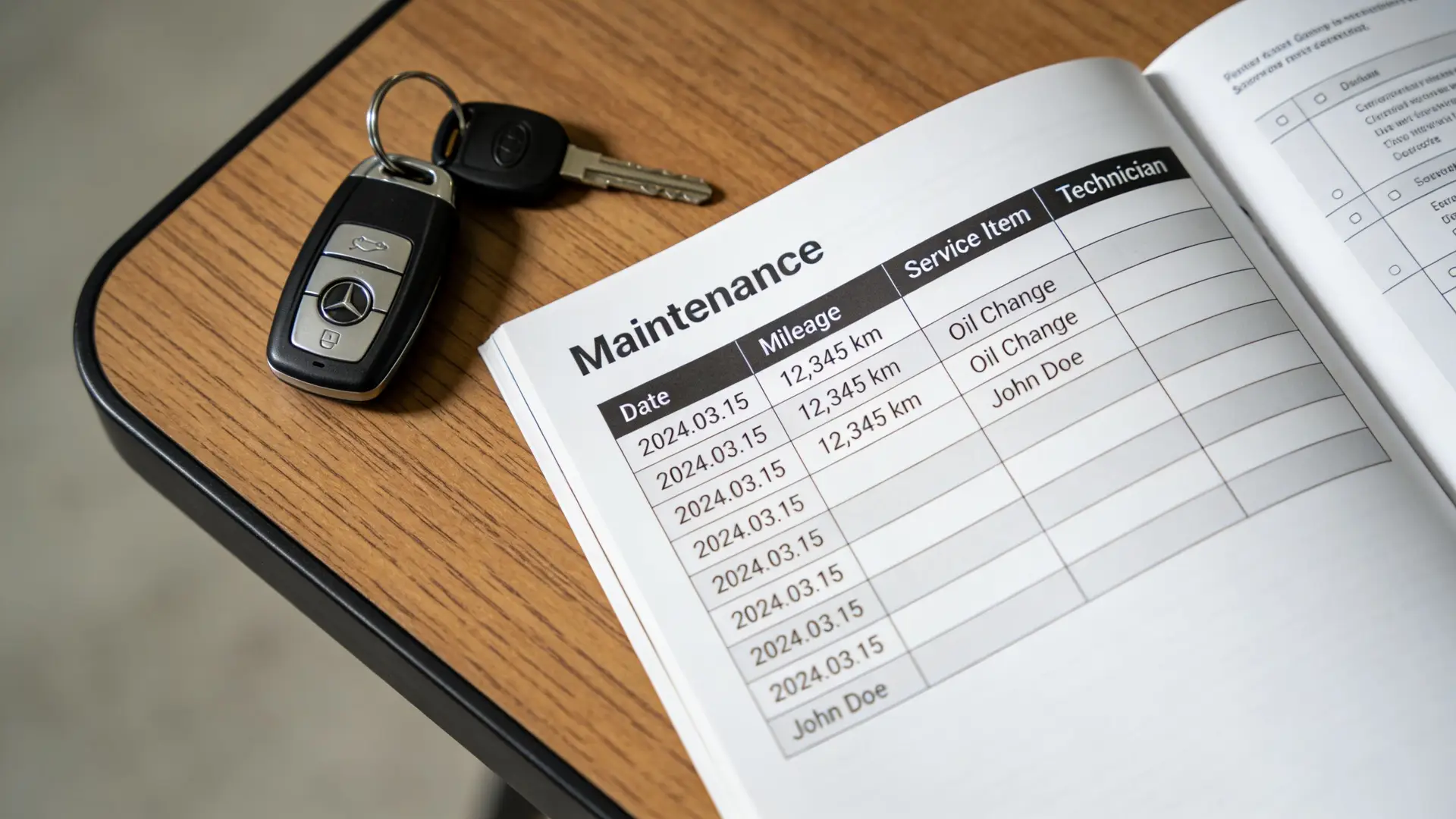 A Mercedes-Benz car key resting on a wooden table next to an open vehicle maintenance record book.