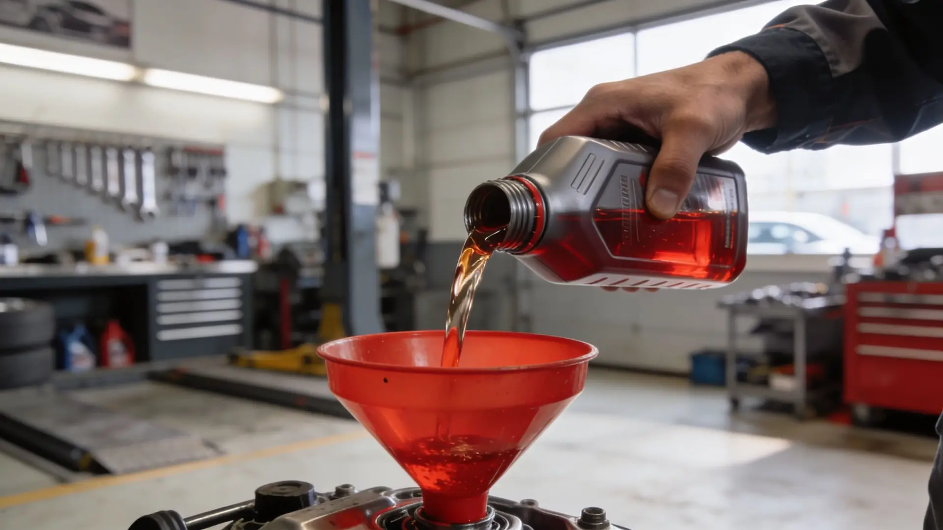 A car mechanic pouring red transmission fluid into a funnel during a routine vehicle maintenance service.