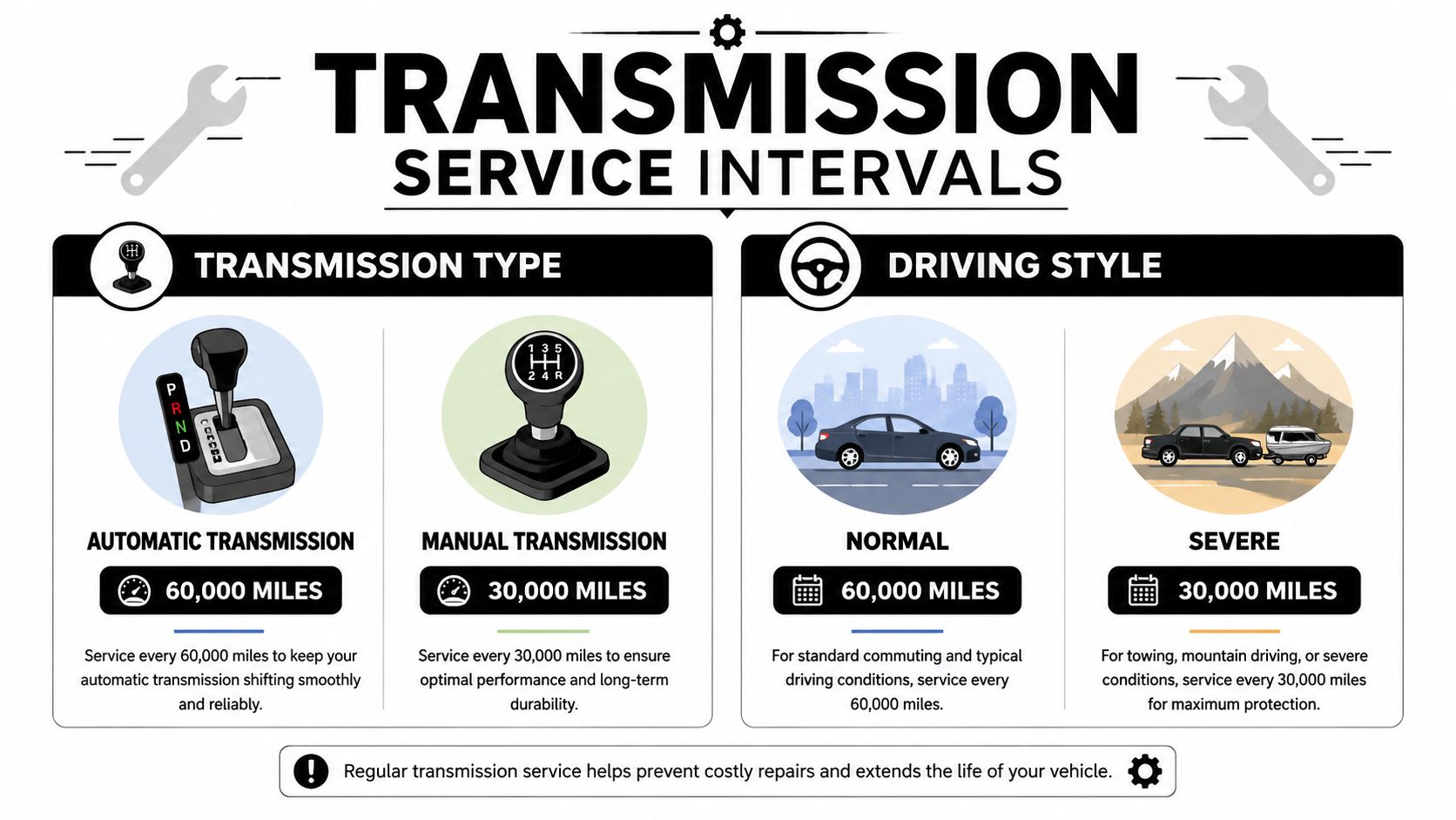 An infographic detailing recommended transmission service intervals based on transmission type and driving style conditions.