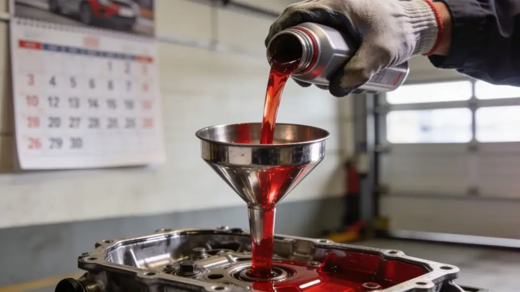 Mechanic pouring red transmission fluid into funnel