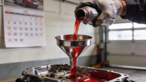 Mechanic pouring red transmission fluid into funnel