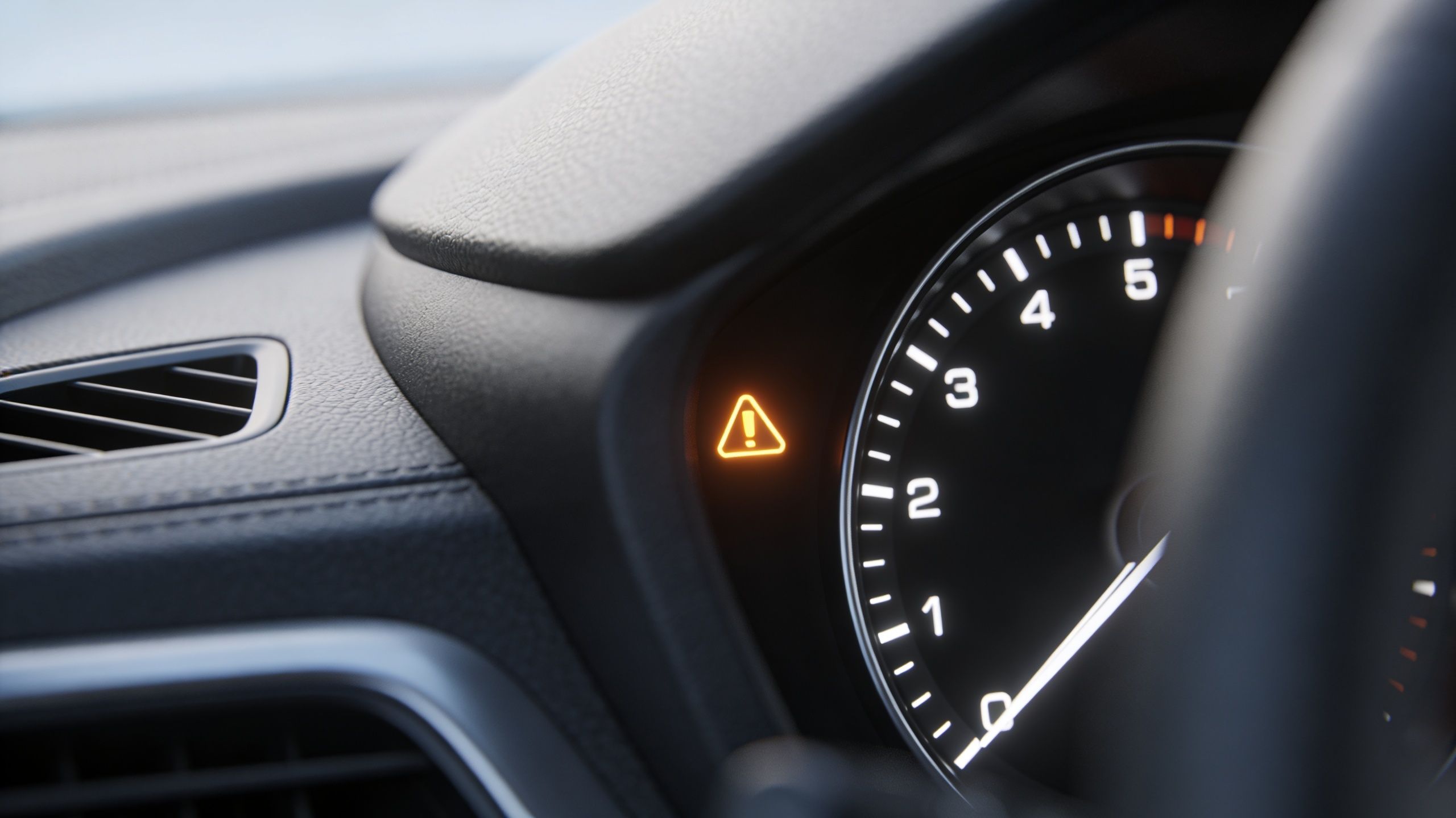 A close-up view of a car dashboard warning light indicating a potential issue with the vehicle.