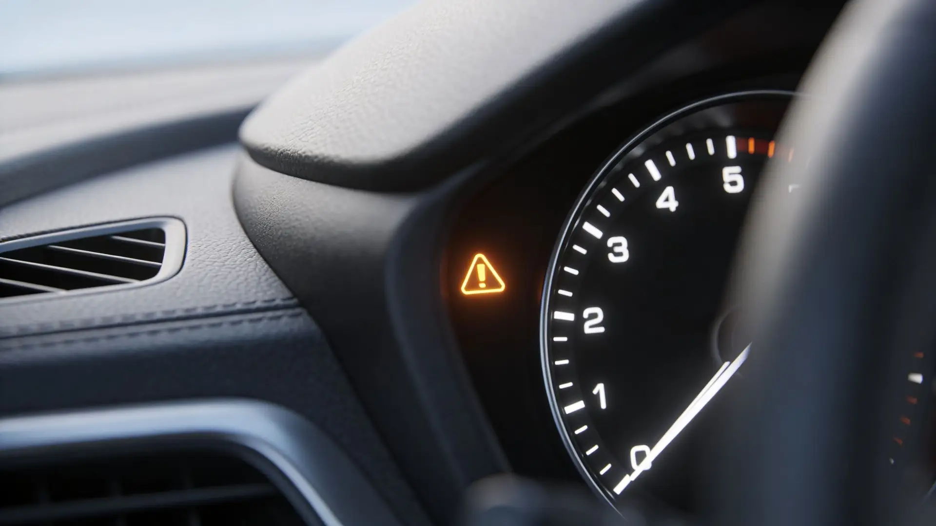 A close-up view of a car dashboard warning light indicating a potential issue with the vehicle.
