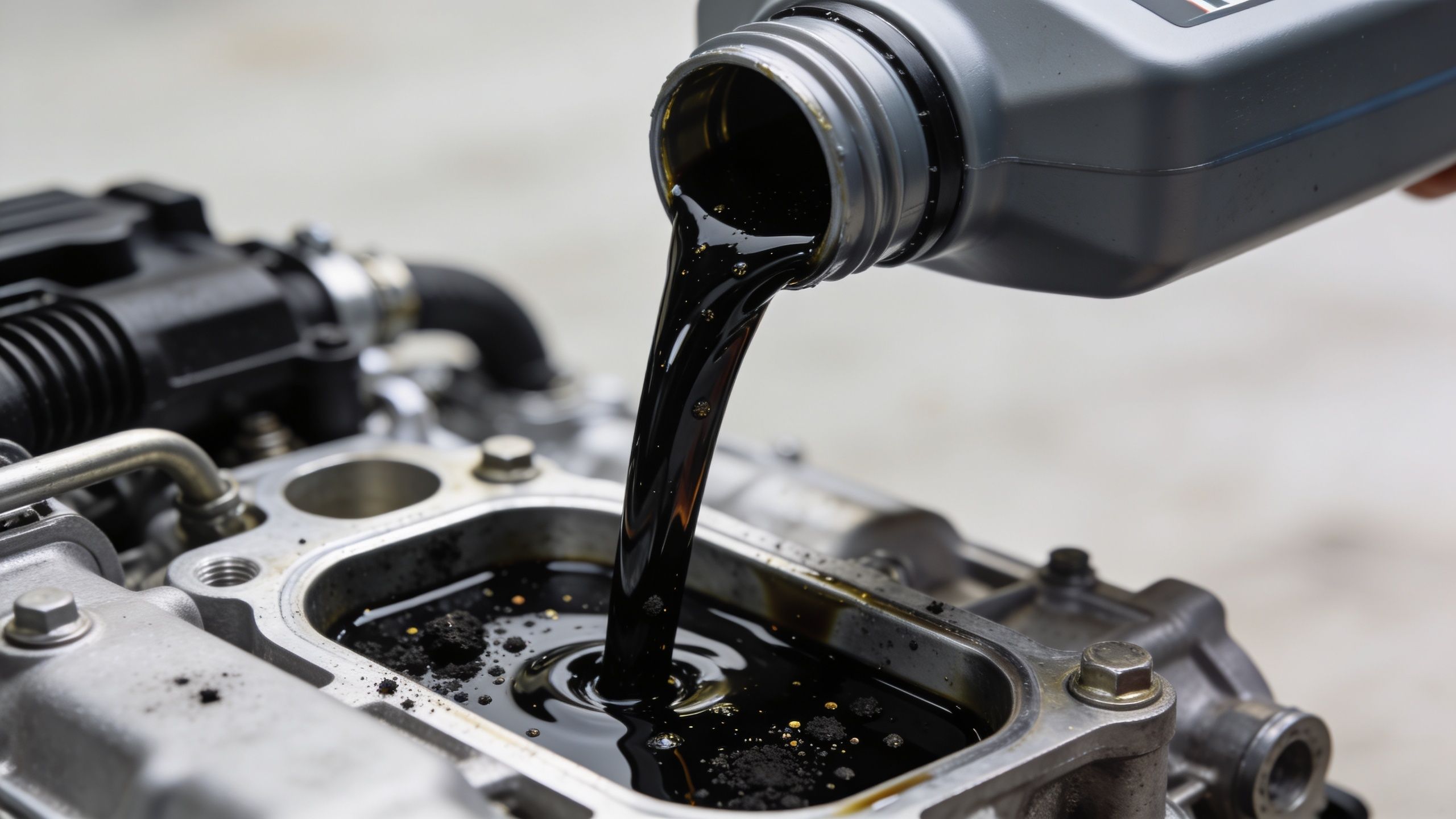A close-up shot of thick, dark engine oil being poured into a car engine during an oil change.
