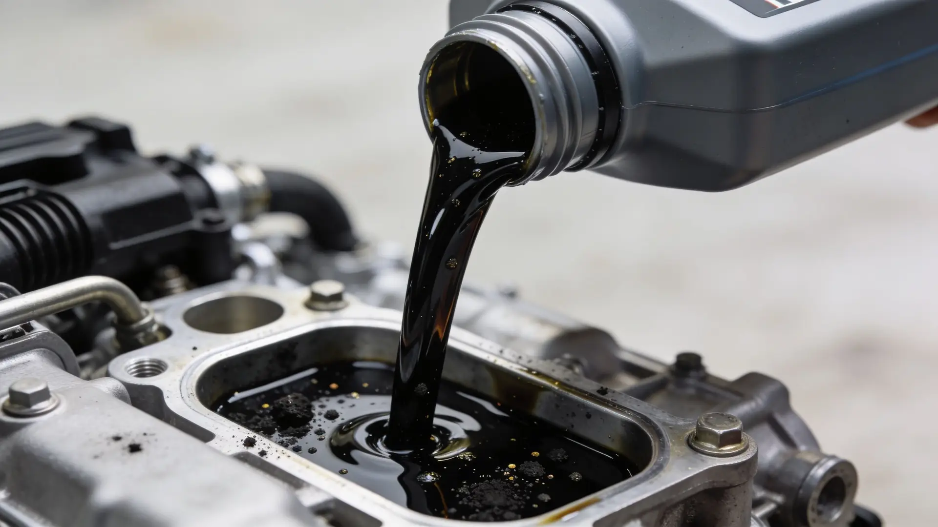 A close-up shot of thick, dark engine oil being poured into a car engine during an oil change.