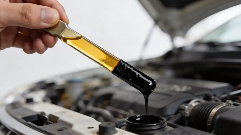 Hand holding dipstick with dirty engine oil