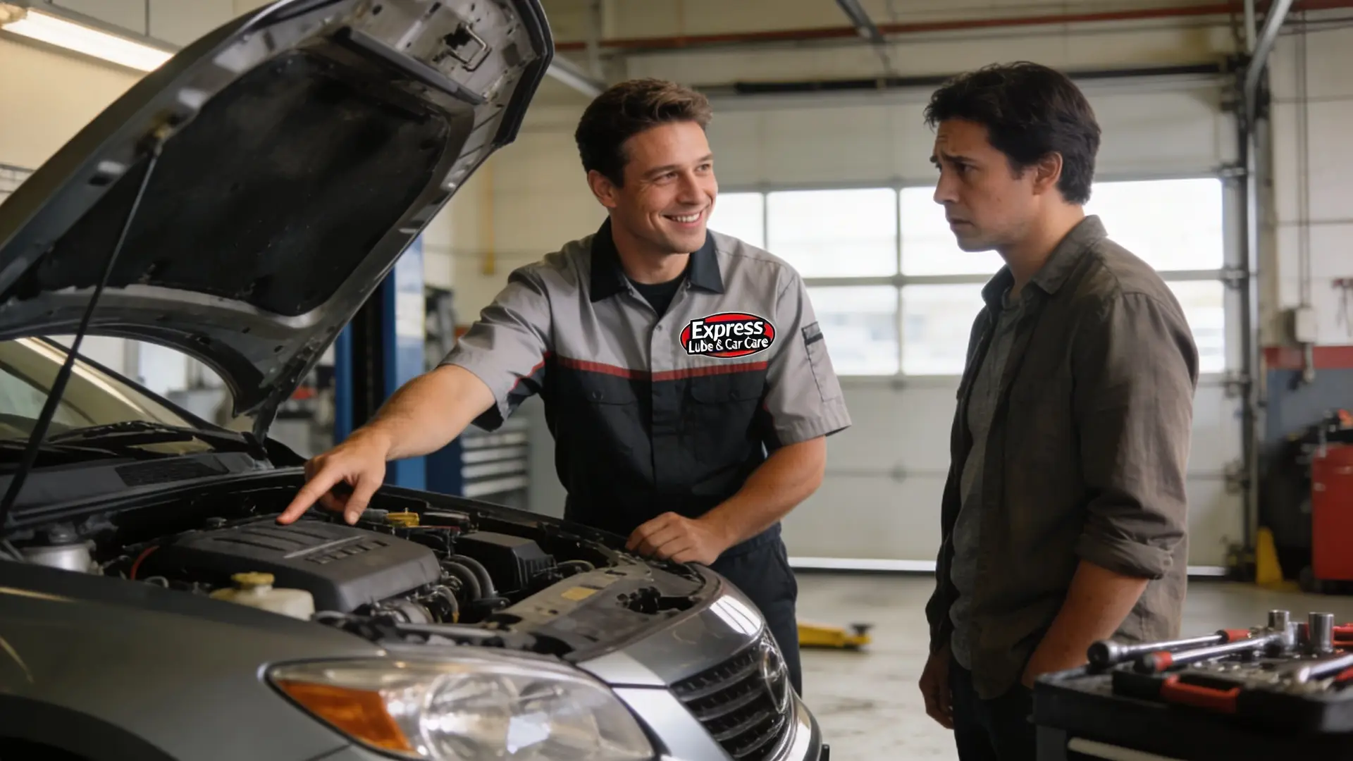 A friendly mechanic in a uniform points to a car engine while explaining a repair to a customer.