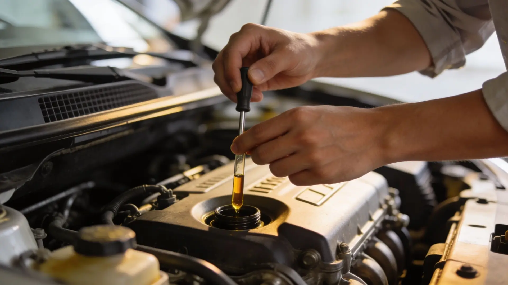 A car mechanic checks engine oil levels using a dipstick under the hood of a vehicle.