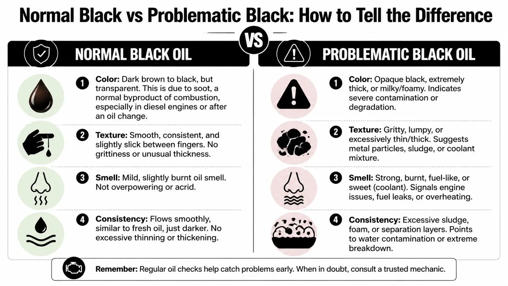A comparison chart showing the differences between normal and problematic black engine oil characteristics like color and texture.
