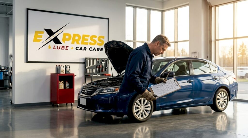 Mechanic inspecting car oil at garage