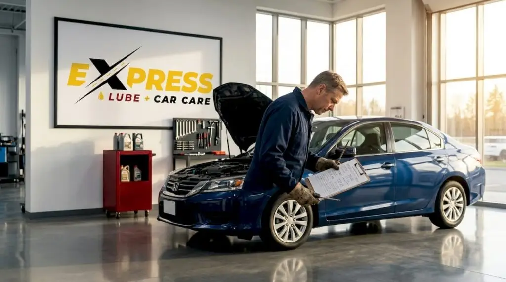 Mechanic inspecting car oil at garage