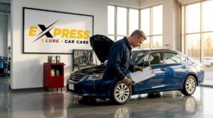 Mechanic inspecting car oil at garage