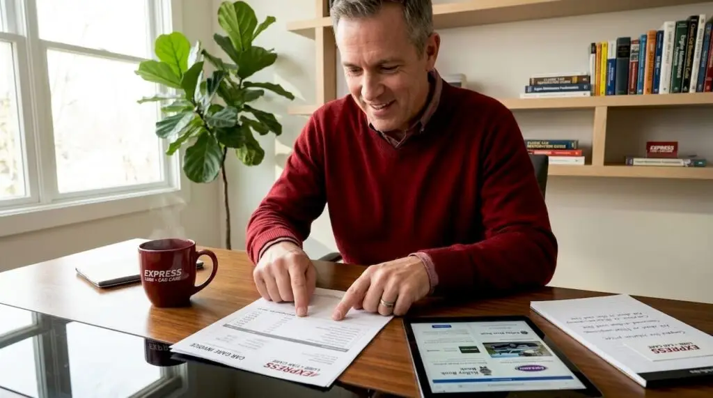 Man reviewing oil change invoice at kitchen table