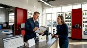 Mechanic assisting driver in walk-in auto service