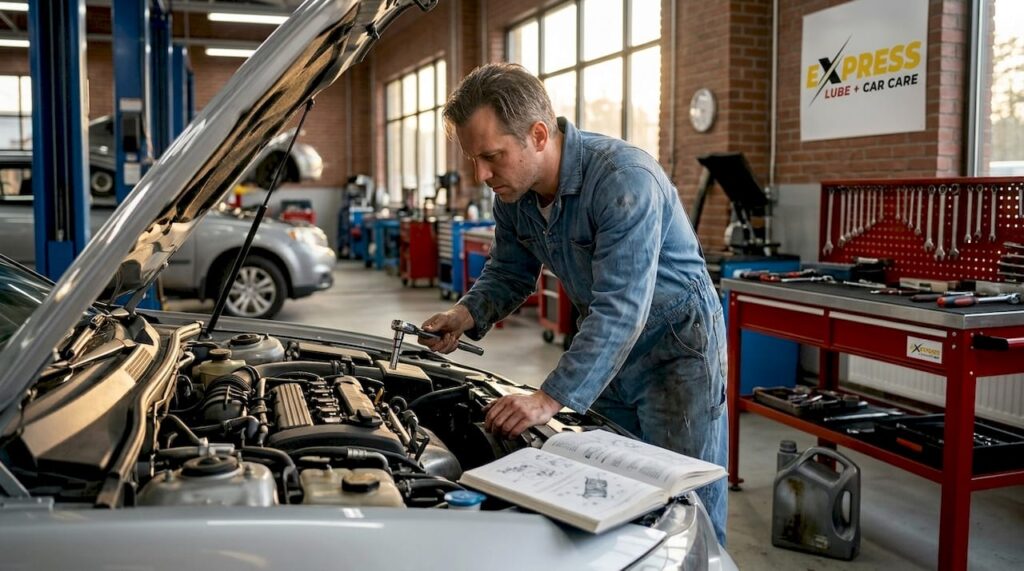 Mechanic inspecting engine under car hood