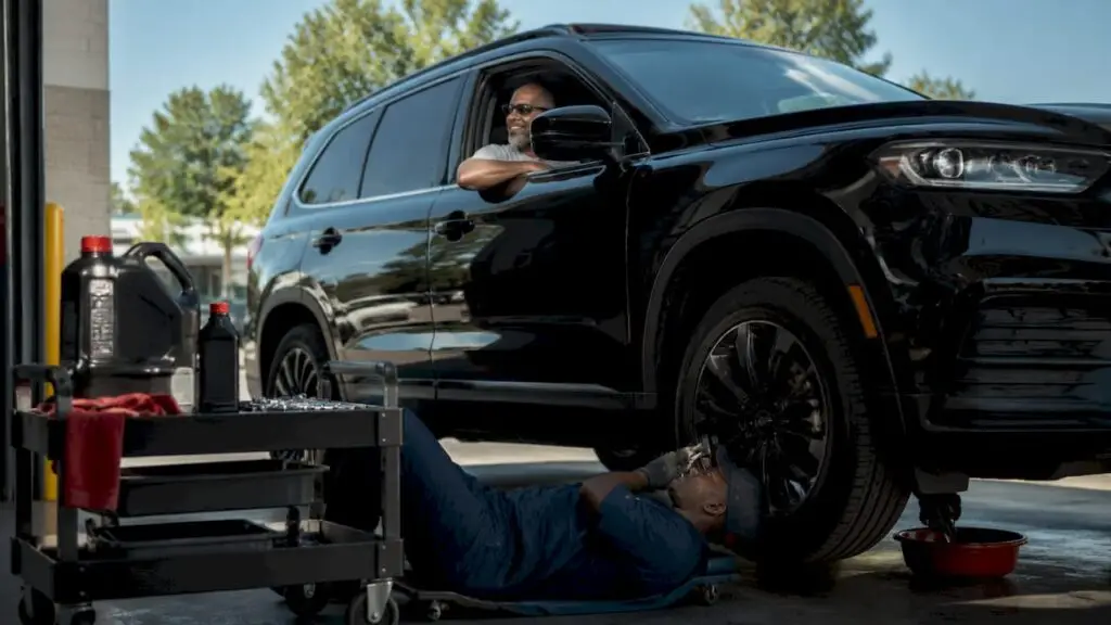 Driver seated in car during drive-through oil change