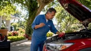 Mechanic checking car engine outdoors in summer