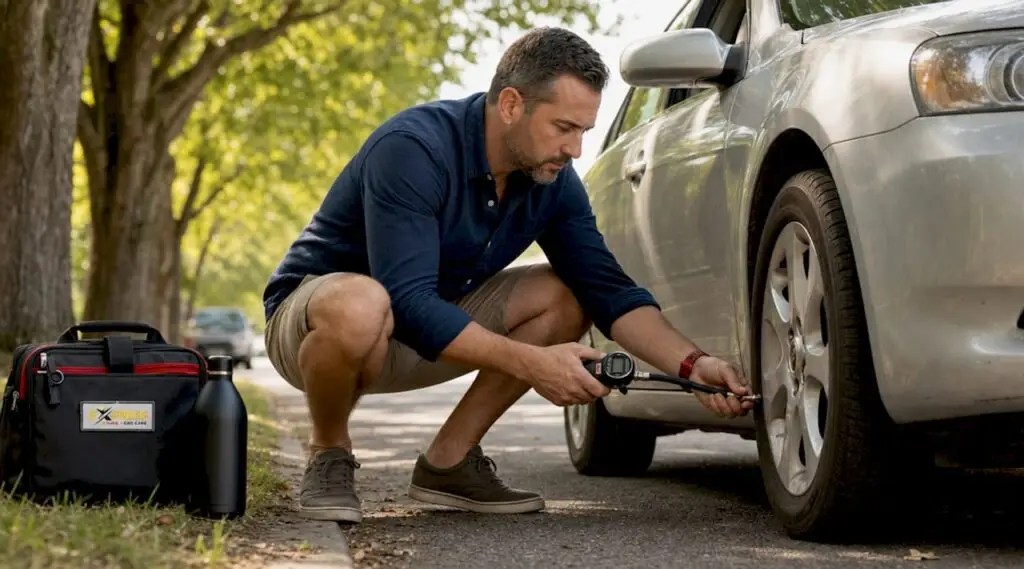 Man checking tire pressure on car in office lot
