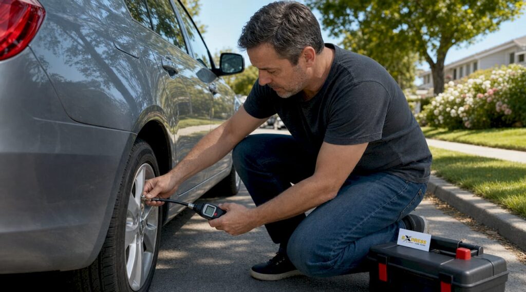 Man checking car tire pressure outdoors
