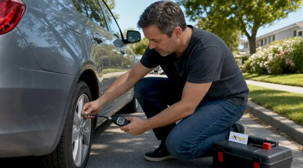 Man checking car tire pressure outdoors