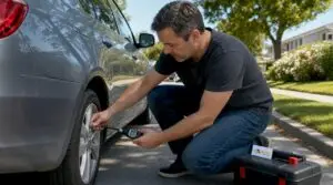 Man checking car tire pressure outdoors