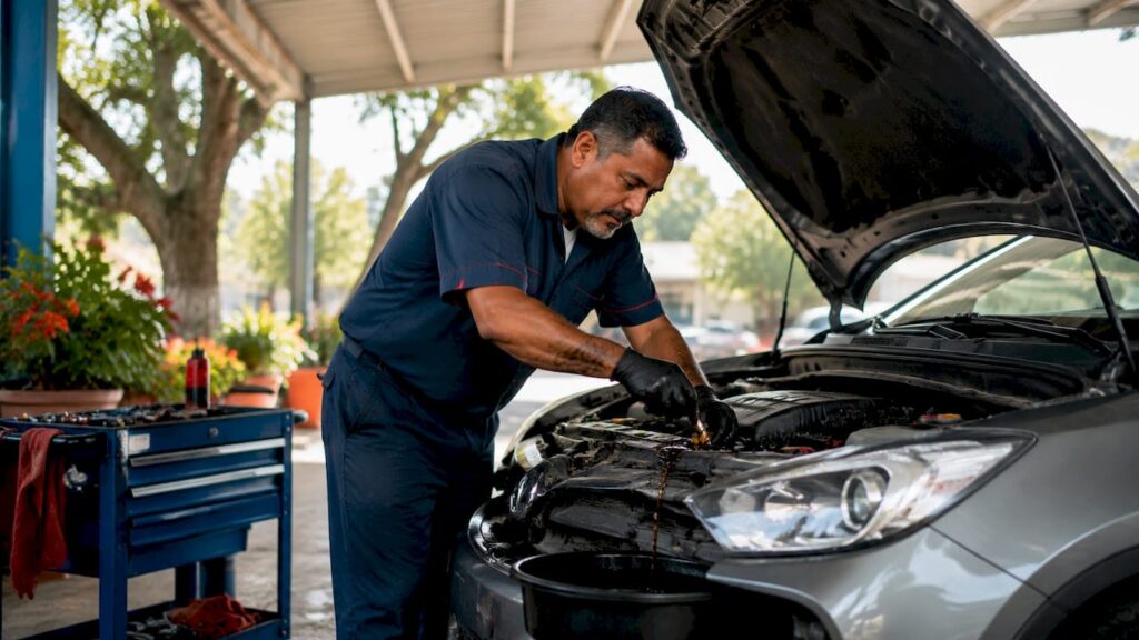 Mechanic changing car engine oil in workshop