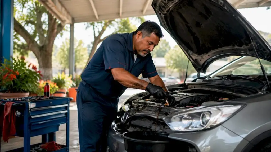 Mechanic changing car engine oil in workshop