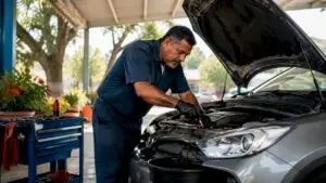Mechanic changing car engine oil in workshop