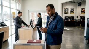 Man preparing for quick lube shop visit