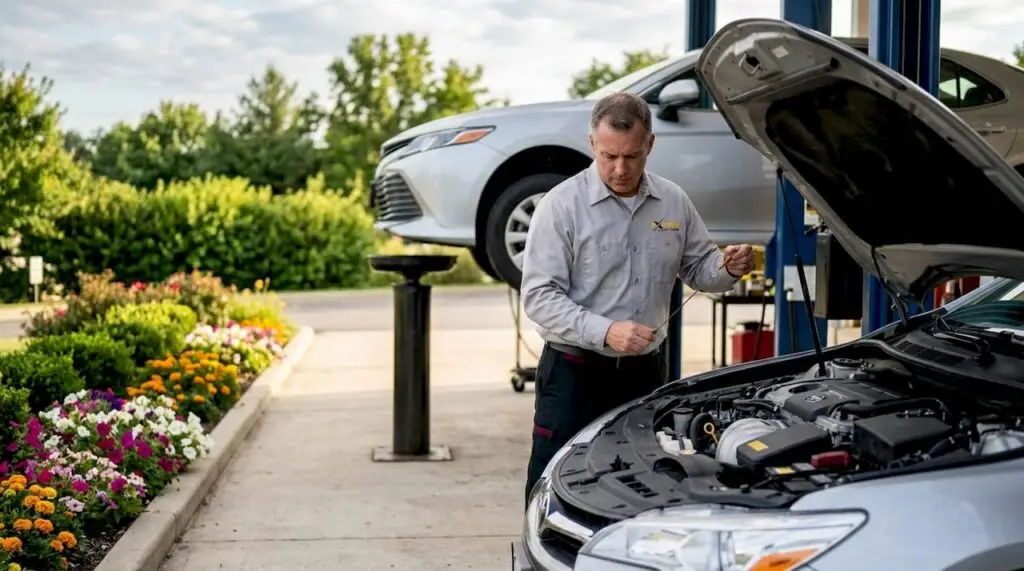 Technician checking oil level on car outdoors
