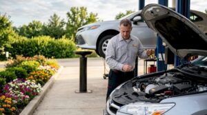Technician checking oil level on car outdoors