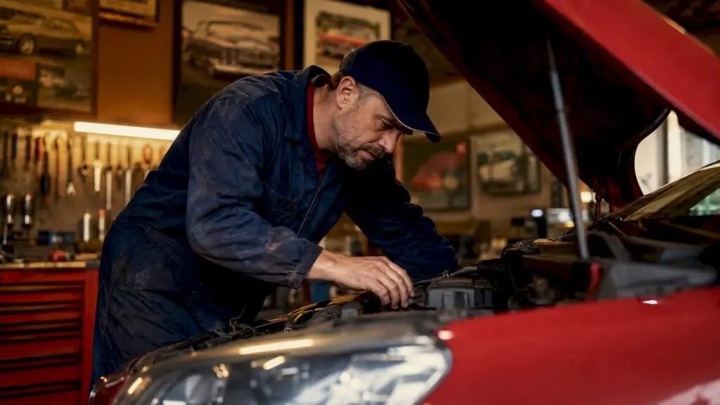 Mechanic inspecting car engine in neighborhood garage
