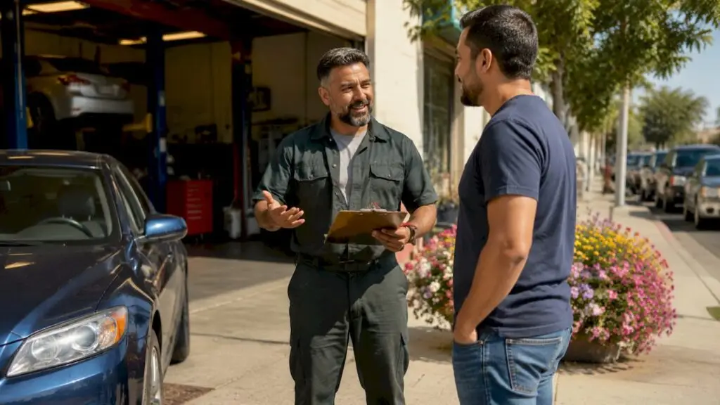 Mechanic speaking with customer outside repair shop