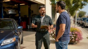 Mechanic speaking with customer outside repair shop