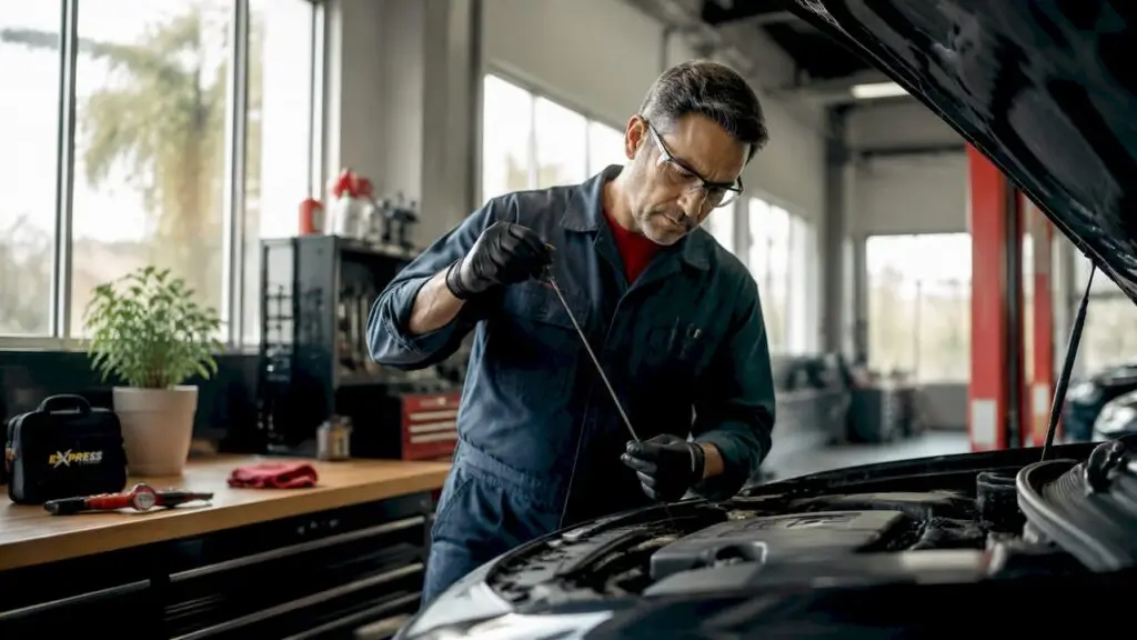Mechanic checking car oil level during maintenance