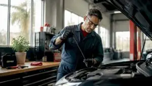 Mechanic checking car oil level during maintenance