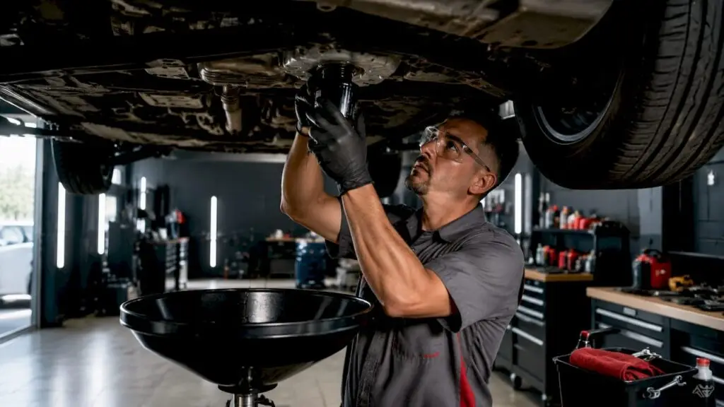 Technician changing oil at fast lube center