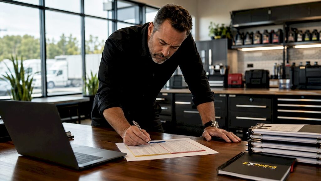 Fleet manager reviewing oil change schedule