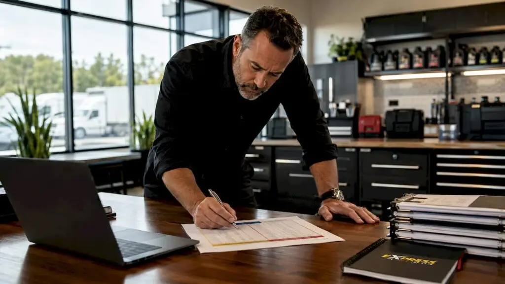 Fleet manager reviewing oil change schedule