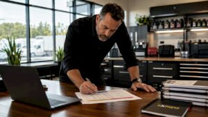 Fleet manager reviewing oil change schedule