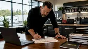 Fleet manager reviewing oil change schedule
