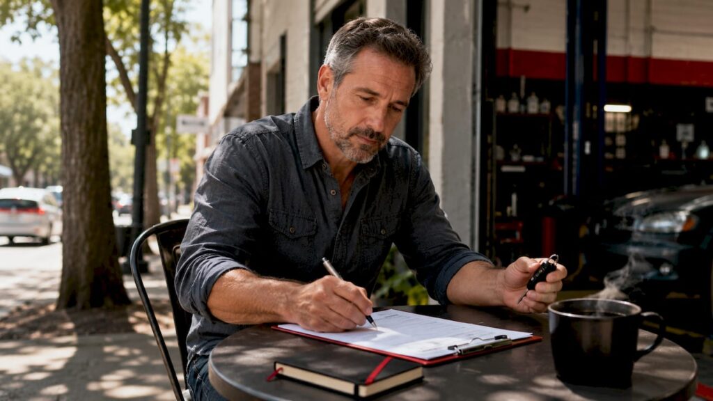 Man filling service form at auto repair shop reception
