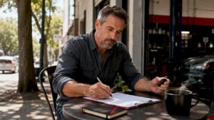 Man filling service form at auto repair shop reception