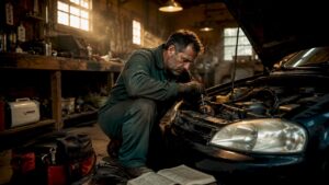 Auto mechanic repairing car engine in garage