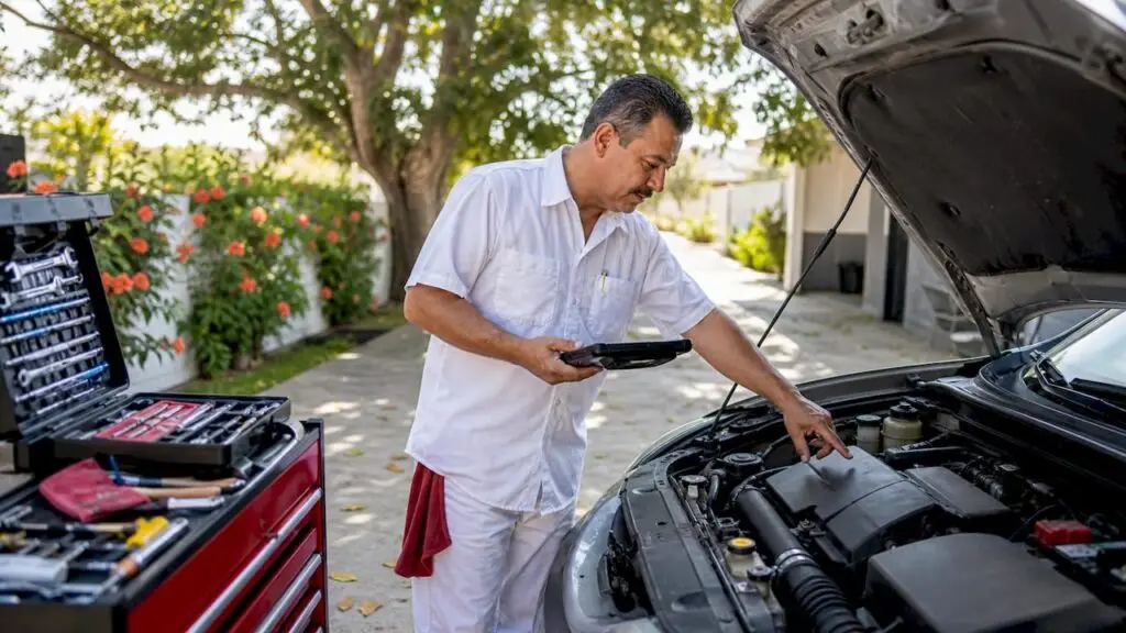 Mechanic inspecting car engine with diagnostic tablet