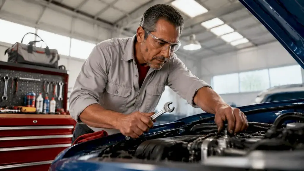 Mechanic inspecting car engine dipstick